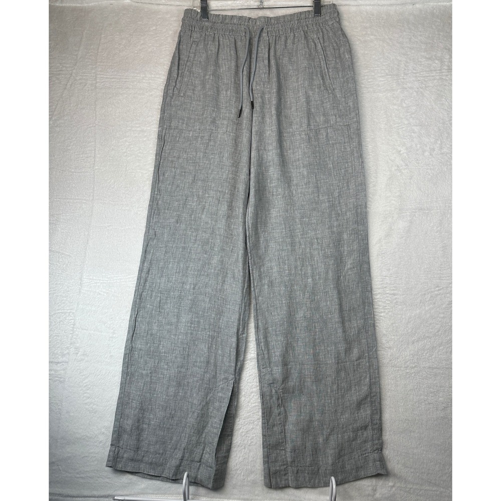 Athleta Linen Wide Leg Pants Womens Medium Tall Gray Drawstring Elastic Waist
